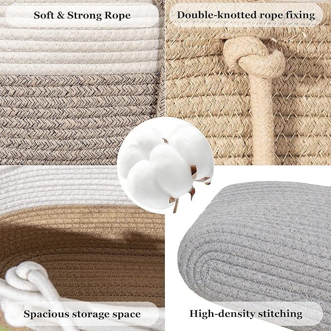 3 Tier Wall Mounted Woven Hanging Basket, Over the Door Hanging Basket with Hooks, Decorative Storage Hanging Closet Removable, Large Wall Basket for Living Room, Bedroom (White & Brown)