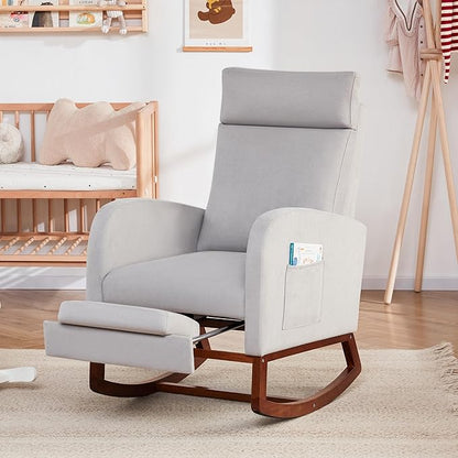 Rocking Chair Nursery Chair with Foot Rest, Nursery Rocking Chairs with High Back, Glider Rocking Chair with Pocket, Baby Nursery Glider Rocker, Nursing Chair Accent Living Room (Linen Grey)