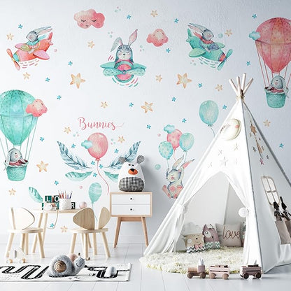 Bunny Wall Decals for Kids by Lipastick - 143 pcs Rabbits Wall Stickers Peel and Stick - Hot Air Balloon Wall Decals for Girls Boys Kids Baby Nursery Room Bedroom - Bunies Wall Decor Aircraft L Size