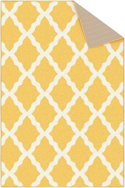 Machine Washable Moroccan Trellis Design Non-Slip Rubberback 3x5 Traditional Indoor Area Rug for Living Room, Bedroom, Kitchen, 3'3" x 5', Yellow