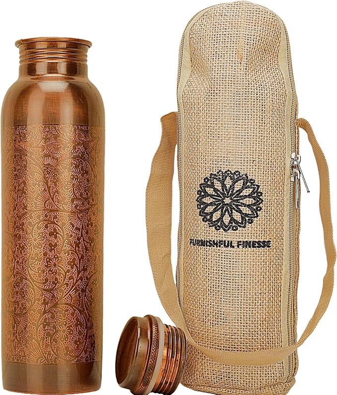 Copper Water Bottle - 34 Oz Large Ayurvedic Pure Copper Vessel For Drinking Leak Proof Antique Copper Bottle For Sport, gym, Yoga, Meditation & Ayurvedic Copper Health Benefits - 1000ml