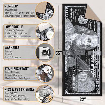 Machine Washable $100 Bill Design Non-Slip Rubberback 22x53 Modern Runner Rug for Hallway, Kitchen, Bedroom, 22" x 53", Black