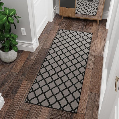 Machine Washable Moroccan Trellis Design Non-Slip Rubberback 2x6 Traditional Indoor Runner Rug for Hallway, Kitchen, Bedroom, 2'2" x 6', Dark Gray