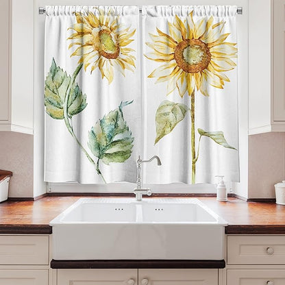 Ambesonne Watercolor Long Kitchen Curtains, Alluring Sunflowers Summer Inspired Design Agriculture, Two Panels Drapes with Rod Pocket Room Decor, 55" x 45", Yellow Green