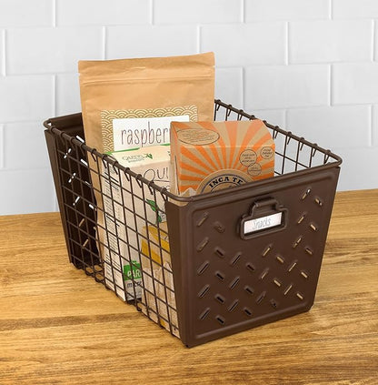 Tovolo Macklin, Stamped Steel & Wire Basket for Closet & Cubby Storage Vintage-Inspired Design with Customizable Label Plate, Medium, Bronze