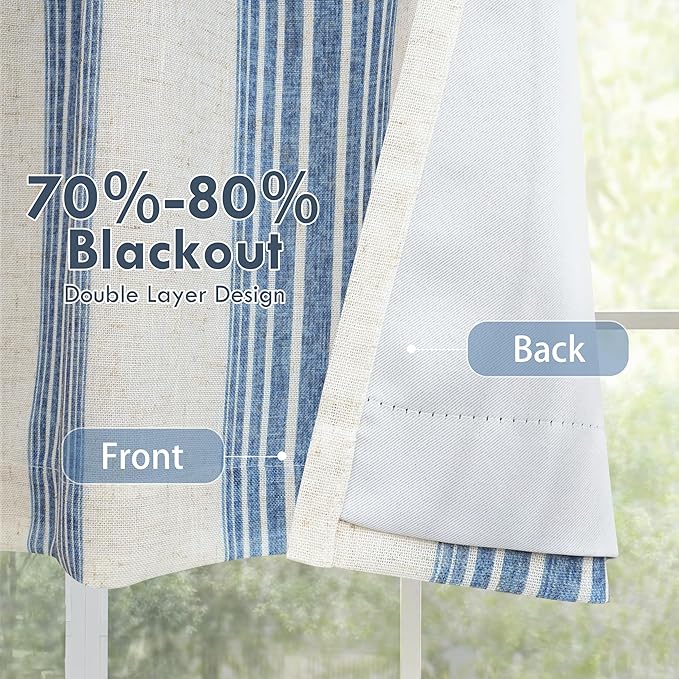 DriftAway Chris Linen Lined Valance Double Layer Thermal Insulated Room Darkening Blackout Valances 3 Inch Rod Pocket Vertical Striped Kitchen Valance for Bathroom 52 Inch by 24 Inch Jean Navy