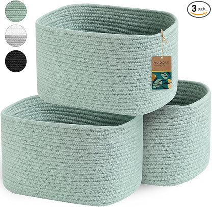 3 WASHABLE Woven Baskets for Storage Baskets for Shelves Large Cotton Rope Baskets for Organizing Decorative Storage Bins Bathroom, Shelves, Toys,Storage Cube Bins, Small Baskets (Sage Green)