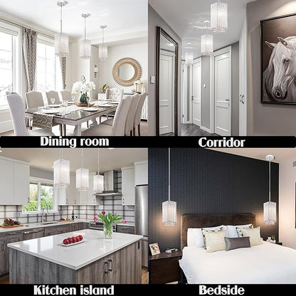 MO&OK 3 Pack Crystal Chandelier Modern Pendent Lights Adjustable Hanging Lighting with Metal Lampshade Rectangle Chandeliers for Kitchen Island Dinningroom,Entrance Living Room H9.8 xD5.2 Chrome