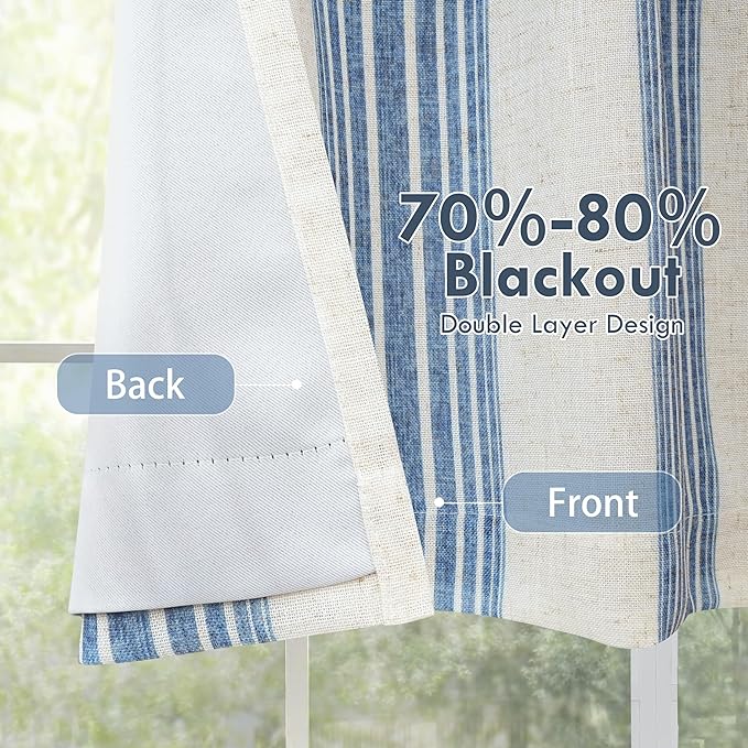 DriftAway Chris Linen Lined Valance Double Layer Thermal Insulated Room Darkening Blackout Valances 3 Inch Rod Pocket Vertical Striped Kitchen Valance for Bathroom 52 Inch by 18 Inch Jean Navy