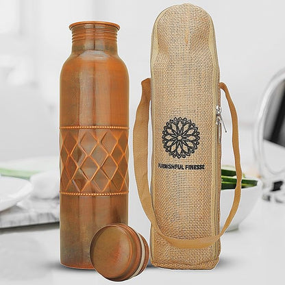 Copper Water Bottle for Drinking 34 Oz Large Handcrafted Ayurvedic Pure Copper Bottle Leak Proof Lid – Diamond Finish Copper Vessel with Carry Bag for Gym,Yoga, Meditation - 1000 ml / 1L