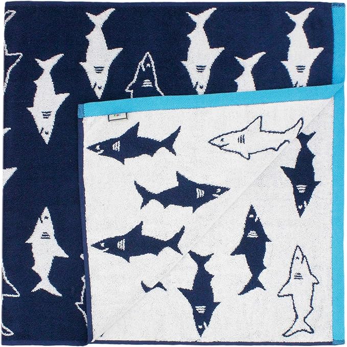 6 Piece Towel Set - Bath Time Shark Attack- 2 Bath Towels, 2 Hand Towels, 2 Washcloths in Bonus Tote Bag- 100% Cotton Jacquard Soft Absorbent Quick Dry Pool Beach Towel Gift - Navy Blue