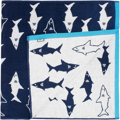6 Piece Towel Set - Bath Time Shark Attack- 2 Bath Towels, 2 Hand Towels, 2 Washcloths in Bonus Tote Bag- 100% Cotton Jacquard Soft Absorbent Quick Dry Pool Beach Towel Gift - Navy Blue