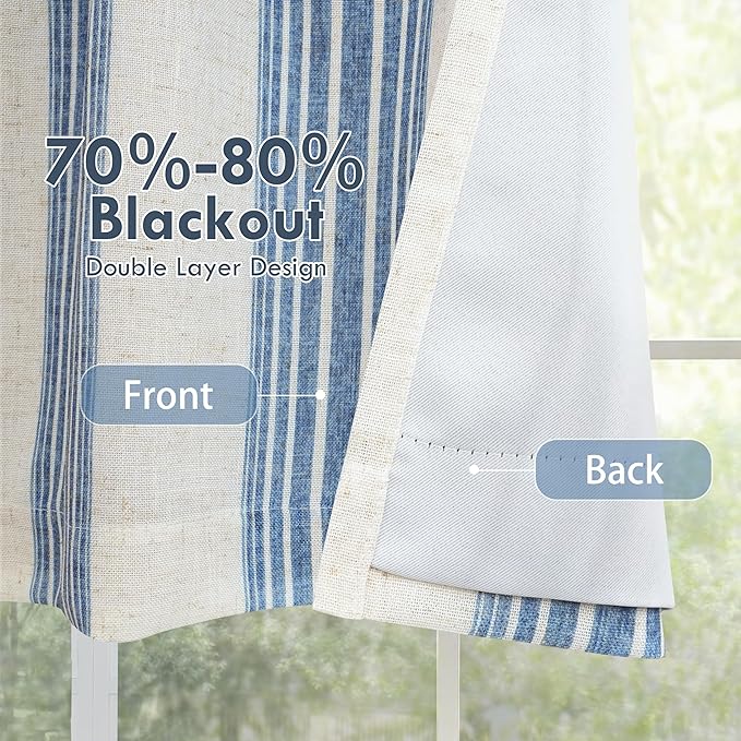 DriftAway Chris Linen Lined Valance Double Layer Thermal Insulated Room Darkening Blackout Valances 3 Inch Rod Pocket Vertical Striped Kitchen Valance for Bathroom 52 Inch by 14 Inch Jean Navy