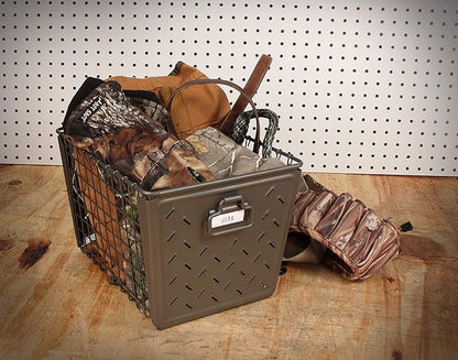 Tovolo Macklin, Stamped Steel & Wire Basket for Closet & Cubby Storage Vintage-Inspired Design with Customizable Label Plate, Medium, Bronze