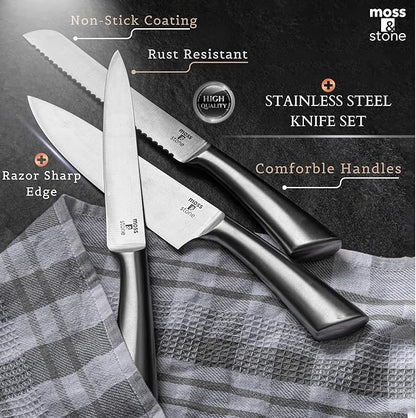 Moss & Stone Professional Kitchen Knife Chef Set, 6 Pcs Small Knife Set With Block, Premium Kitchen Knife Set Stainless Steel, Scratch Resistant & Rust Proof, Knife Block With Sharp Cooking Knives.