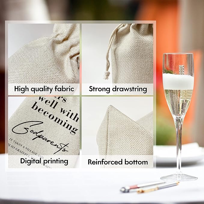 Godparents Wine Gift Bags - Gift for Godmother, Godfather, Aunt, Uncle, Baptism - Reusable Burlap With Drawstring Gift Bag (5.5"x 13.5")-1 Pcs/jiu060