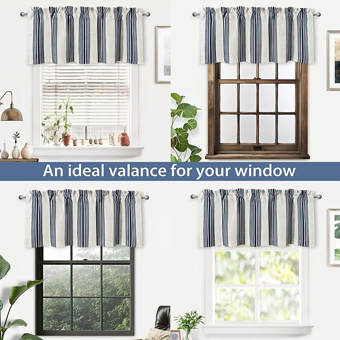 DriftAway Chris Linen Lined Valance Double Layer Thermal Insulated Room Darkening Blackout Valances 3 Inch Rod Pocket Vertical Striped Kitchen Valance for Bathroom 52 Inch by 18 Inch Ivory Dark Blue