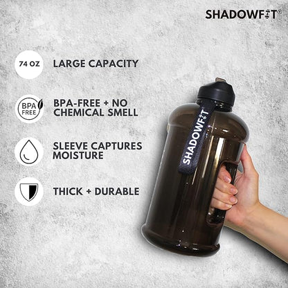 Half Gallon Water Bottles (74 ounce, 2.2 Liter) with Straw Lid Handle and Storage Sleeve - Large Jug Holder with Strap for Drinking during Workout and Exercise