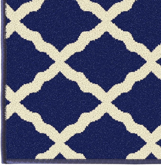 Machine Washable Moroccan Trellis Design Non-Slip Rubberback 2x6 Traditional Indoor Runner Rug for Hallway, Kitchen, Bedroom, 2'2" x 6', Navy
