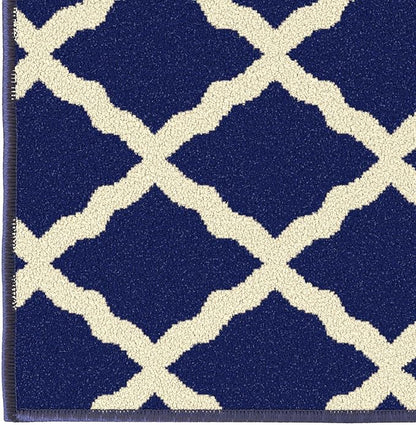 Machine Washable Moroccan Trellis Design Non-Slip Rubberback 2x6 Traditional Indoor Runner Rug for Hallway, Kitchen, Bedroom, 2'2" x 6', Navy