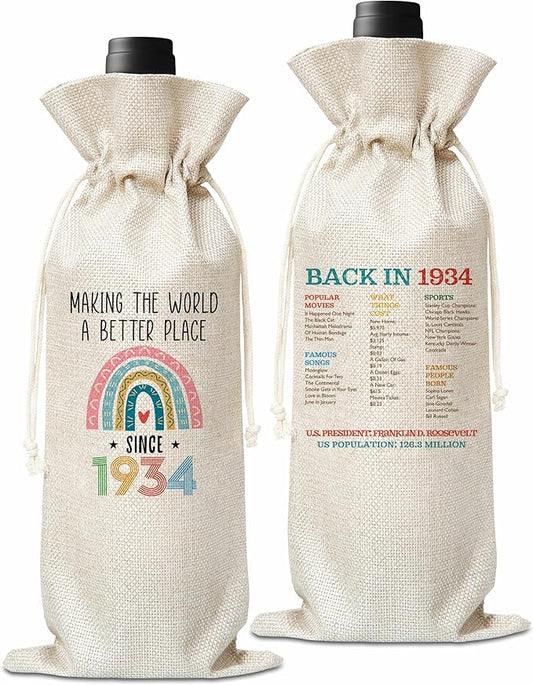 90th Birthday Gift For Women Men, Back In 1934 Birthday Wine Bag, Boho Rainbow Birthday Party Decoration Wine Bag Gifts, Happy 90th Birthday Decor For Mom Dad Grandma Grandpa, A08