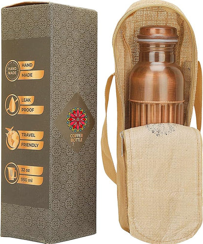 Copper Water Bottle 34 Oz Extra Large Antique Black Ayurvedic Pure Copper Vessel With Carrying Bag For Drinking Drink More Water Leak Proof, Easy To Carry For Sports Copper Bottle 1000 ML