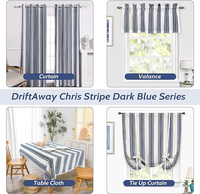 DriftAway Chris Linen Lined Valance Double Layer Thermal Insulated Room Darkening Blackout Valances 3 Inch Rod Pocket Vertical Striped Kitchen Valance for Bathroom 52 Inch by 18 Inch Ivory Dark Blue