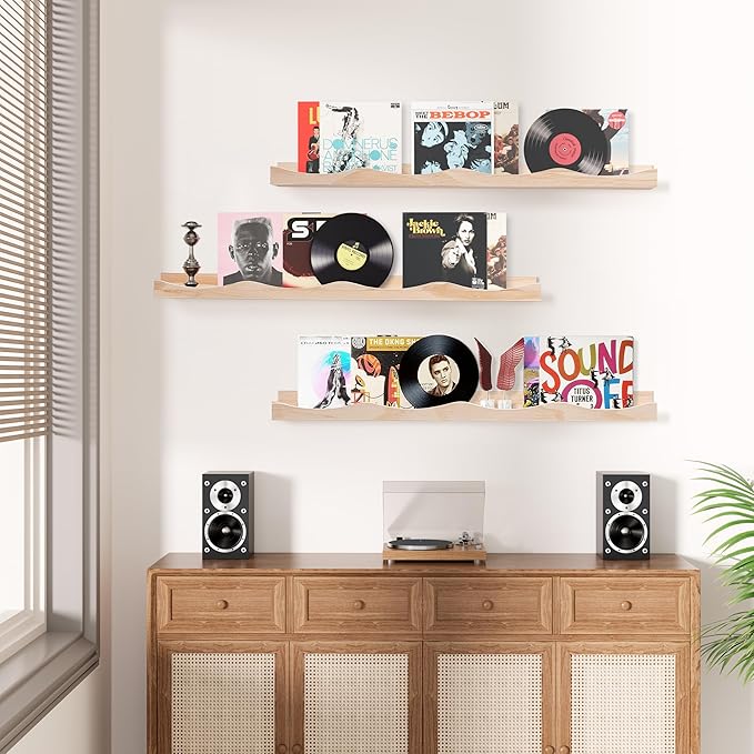 AZSKY Nursery Book Shelves for Kids, Picture Ledge Shelf for Wall Decor and Storage, Floating Photo Shelves with Lip for Picture Frames (Natural Wood, 23.6 Inches Set 3)