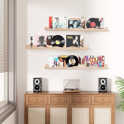 AZSKY Nursery Book Shelves for Kids, Picture Ledge Shelf for Wall Decor and Storage, Floating Photo Shelves with Lip for Picture Frames (Natural Wood, 23.6 Inches Set 3)