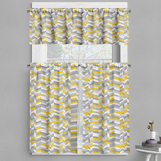 Ambesonne Grey and Yellow Valance & Tier Curtain 3 pcs Set, Geometric Vintage 60s Home Pattern Inspired Herringbone Zig Zag Lines, Window Treatments for Kitchen Room Decor, 55" x 36", Yellow Grey