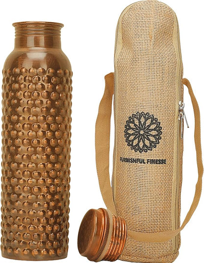 Copper Water Bottle 34 Oz Hammered Antique Ayurvedic Pure Copper Vessel With Carrying Bag For Drinking Bottle Leak Proof Ayurvedic Copper Vessel for Sports, Gym, Outdoors, Yoga
