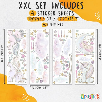 Unicorn Wall Decals for Kids by Lipastick - 209 pcs Unicorn Wall Stickers Peel and Stick - Wall Decals for Girls Kids Baby Nursery Bedroom - Kids Colorful Decals Glittered Moon Stars Clouds XXL Size