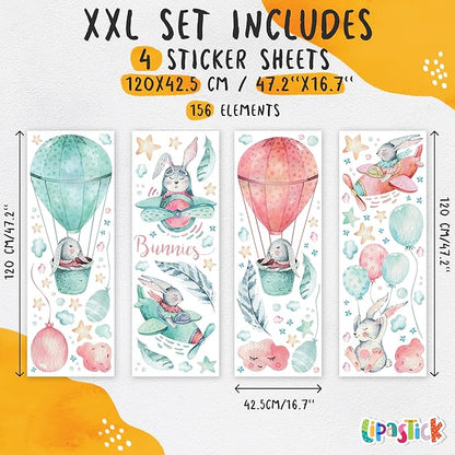 Bunny Wall Decals for Kids by Lipastick - 156 pcs Rabbits Wall Stickers Peel and Stick - Hot Air Balloon Wall Decals for Girls Boys Kids Baby Nursery Room Bedroom - Bunnies Wall Décor XXL Size