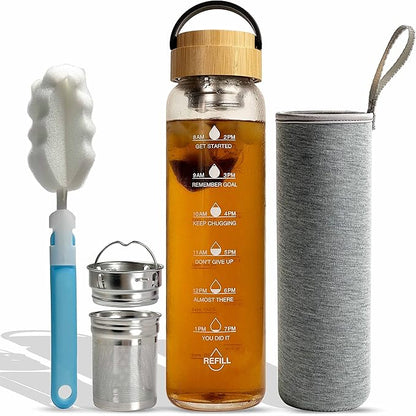 32 oz Motivational Glass Water Bottles with Bamboo Lid Straw and Time Marker - Sports Water Bottle for Drinking