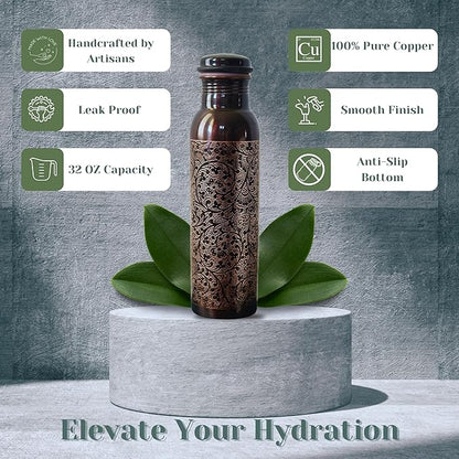 Kandisa Antique Etched Copper Water Bottle with a Canvas Bag | 32oz Pure Copper Water Bottle For Drinking | Anti Slip Bottom | Handcrafted by Artisans | Sustainable & Eco-friendly
