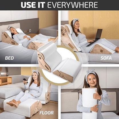 5pcs Orthopedic Bed Wedge Pillow Set w/Leg Elevation Pillow - Perfect Adjustable Memory Foam Pillows for After Surgery Recovery, Back Support, Pain Relief, Acid Reflux, Sleeping & GERD