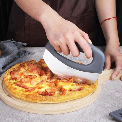 Premium Pizza Cutter Food Chopper-Super Sharp Blade Stainless Steel Pizza Cutter Rocker Slicer with Protective Sheath Multi Function Pizza Knife Kitchen Tools,Dishwasher Safe (Gray)