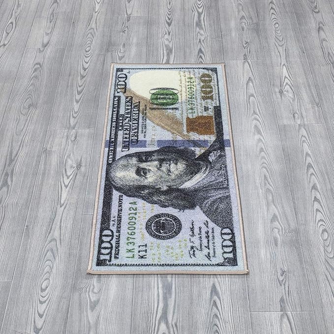 Machine Washable $100 Bill Design Non-Slip Rubberback 17x43 Modern Runner Rug for Hallway, Kitchen, Bedroom, 17" x 43", Multicolor