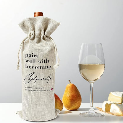 Godparents Wine Gift Bags - Gift for Godmother, Godfather, Aunt, Uncle, Baptism - Reusable Burlap With Drawstring Gift Bag (5.5"x 13.5")-1 Pcs/jiu060