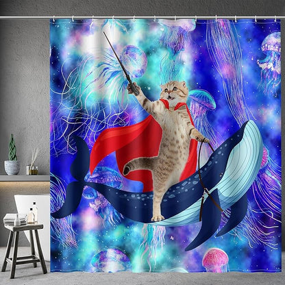 Aimego Long Funny Shower Curtain - Cute Cat Riding Whale on Space Galaxy Fantasy Jellyfish Fabric Cloth Shower Curtain Set with 12 Hooks for Kids Bathroom Decor Accessories Bathtub Curtain, 72"x78"