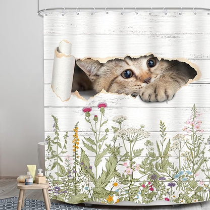 LGhtyro Wildflower Cats Shower Curtain Bathroom Set 60Wx71H Inches Kids Funny Floral Rustic Plant Leaves Botanical Country Bath Accessories Animal Cute Flower Art Home Decor Fabric 12 Pack Hooks