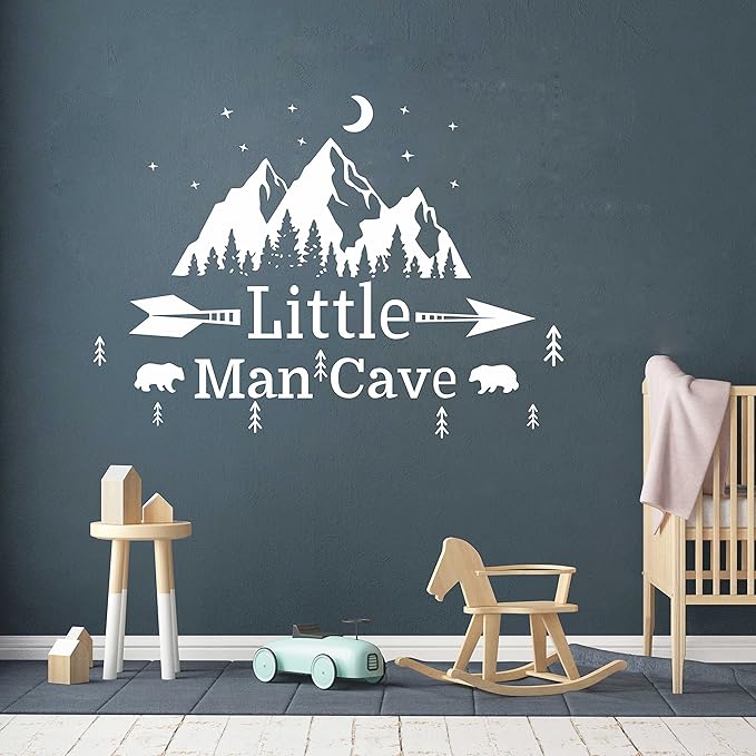 Little Man Cave Mountains Vinyl Decals, Landscape with Animals Stickers, Mountain Moon Stars Decal for Nursery Room,Kids Décor A9 (White)