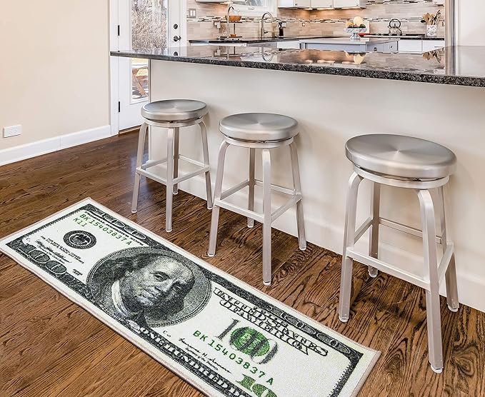 Machine Washable $100 Bill Design Non-Slip Rubberback 17x43 Modern Runner Rug for Hallway, Kitchen, Bedroom, 17" x 43", Green/Multicolor
