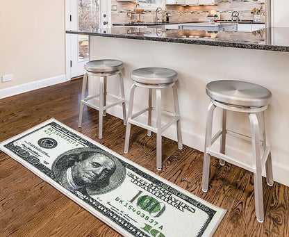 Machine Washable $100 Bill Design Non-Slip Rubberback 17x43 Modern Runner Rug for Hallway, Kitchen, Bedroom, 17" x 43", Green/Multicolor