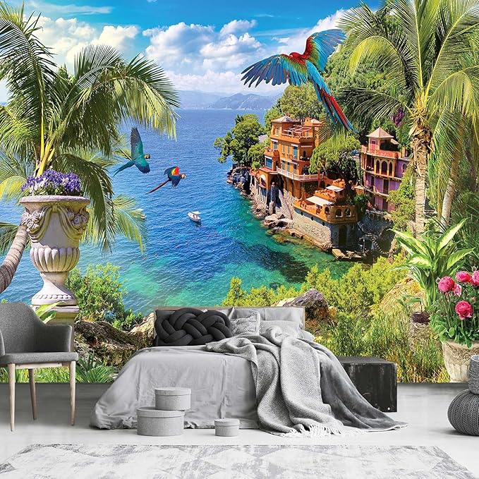 Seaside Scenic Coconut Tree Mural for Living Room (Not Peel and Stick)