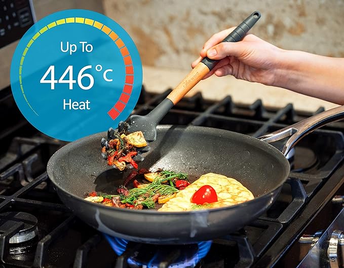 Silicone Cooking Utensils Set (6 pcs) Natural Wood Kitchen Utensils – Eco Friendly & BPA Free, Non-Scratch & Non-Stick Easy Grip -Black