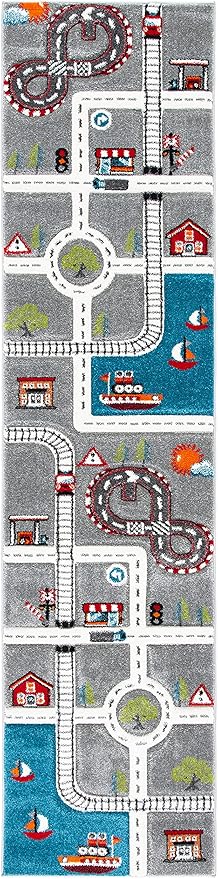 SAFAVIEH Carousel Kids Collection Runner Rug - 2'3" x 12', Grey & Ivory, Non-Shedding & Easy Care, Ideal for High Traffic Areas for Boys & Girls in Playroom, Nursery, Bedroom (CRK192F)