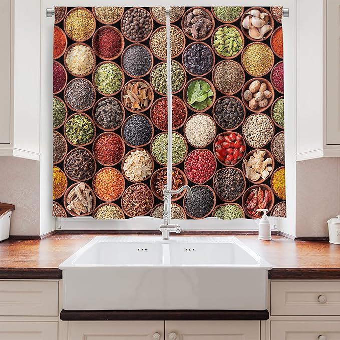 Ambesonne Retro Long Kitchen Curtains, Colorful Herbs and Spices Cardamom Pepper Chili Ginger Dill Natural Cuisine Print, Two Panels Drapes with Rod Pocket Room Decor, 55" x 45", Brown Yellow