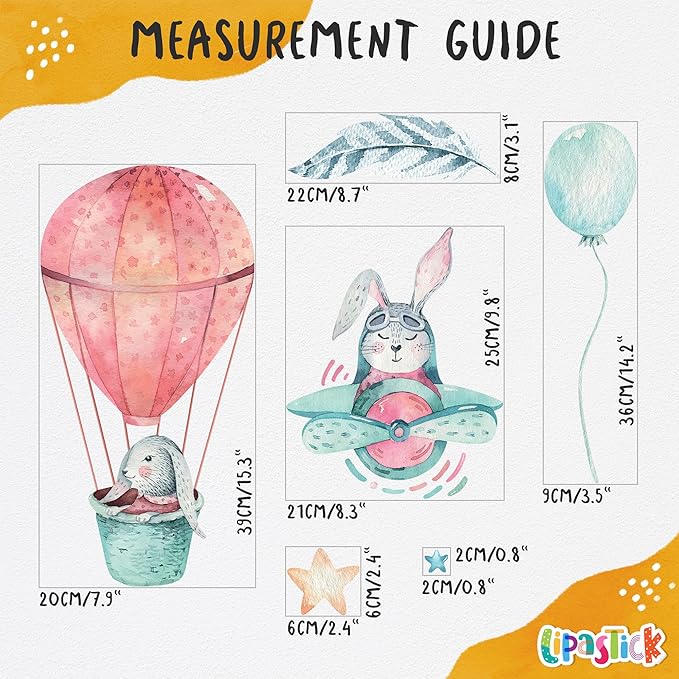 Bunny Wall Decals for Kids by Lipastick - 69 pcs Rabbits Wall Stickers Peel and Stick - Hot Air Balloon Wall Decals for Girls Boys Kids Baby Nursery Room Bedroom - Bunies Wall Decor Aircraft M Size