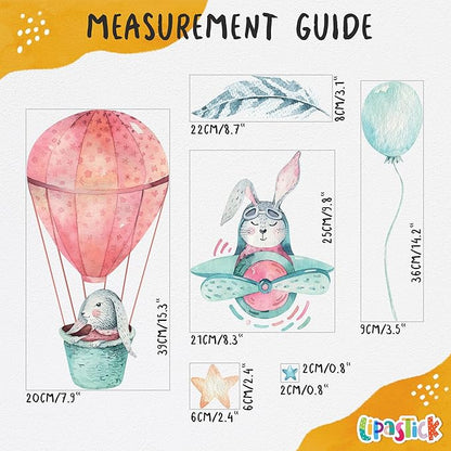 Bunny Wall Decals for Kids by Lipastick - 69 pcs Rabbits Wall Stickers Peel and Stick - Hot Air Balloon Wall Decals for Girls Boys Kids Baby Nursery Room Bedroom - Bunies Wall Decor Aircraft M Size